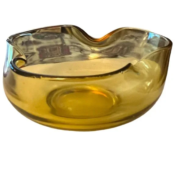 VTG Viking Rounded / Folded Edge Footed Trinket Dish Bowl MCM Amber Yellow Glass - Picture 4 of 7